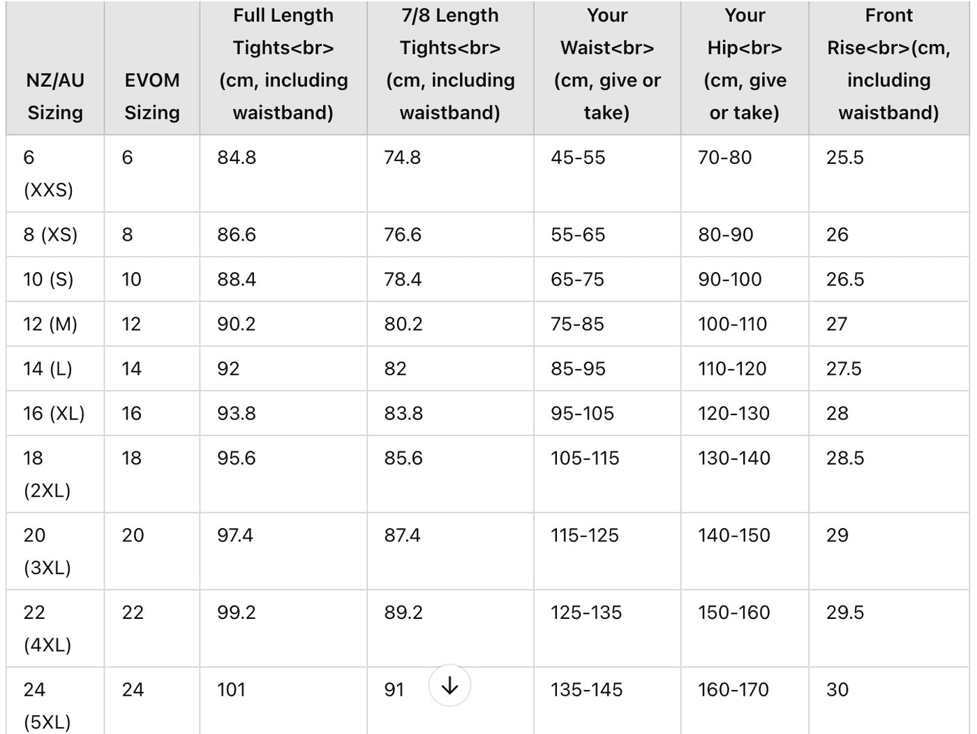 The OG High Rise Compression Tights - 7/8 | by Evom Fitwear size chart
