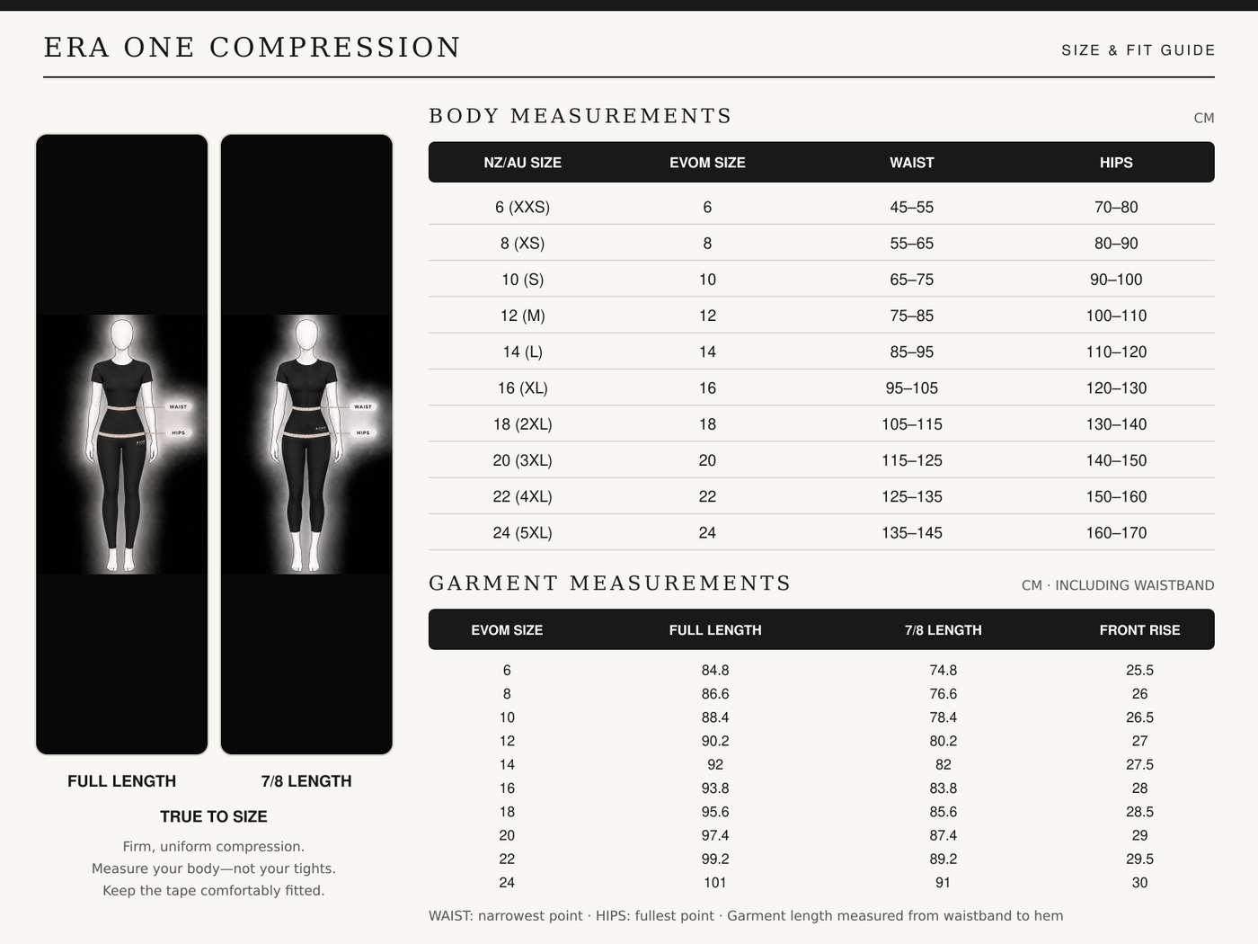 ERA One High Rise Compression Tights - Full Length | by Evom Fitwear size chart