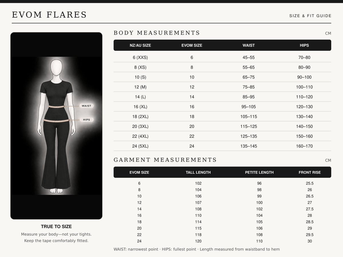 High Rise CoreShape Flares Tall | by Evom Fitwear size chart
